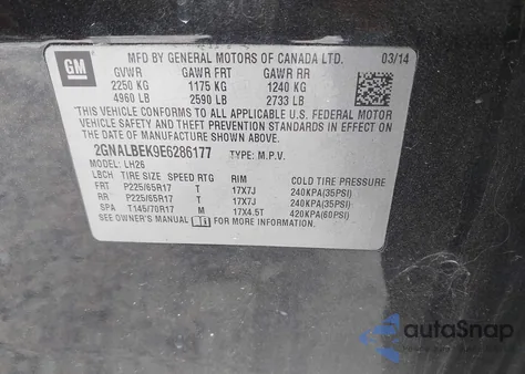 2014 Chevrolet Equinox 1Lt z USA, uszkodzony, nr VIN 2GNALBEK9E6286177